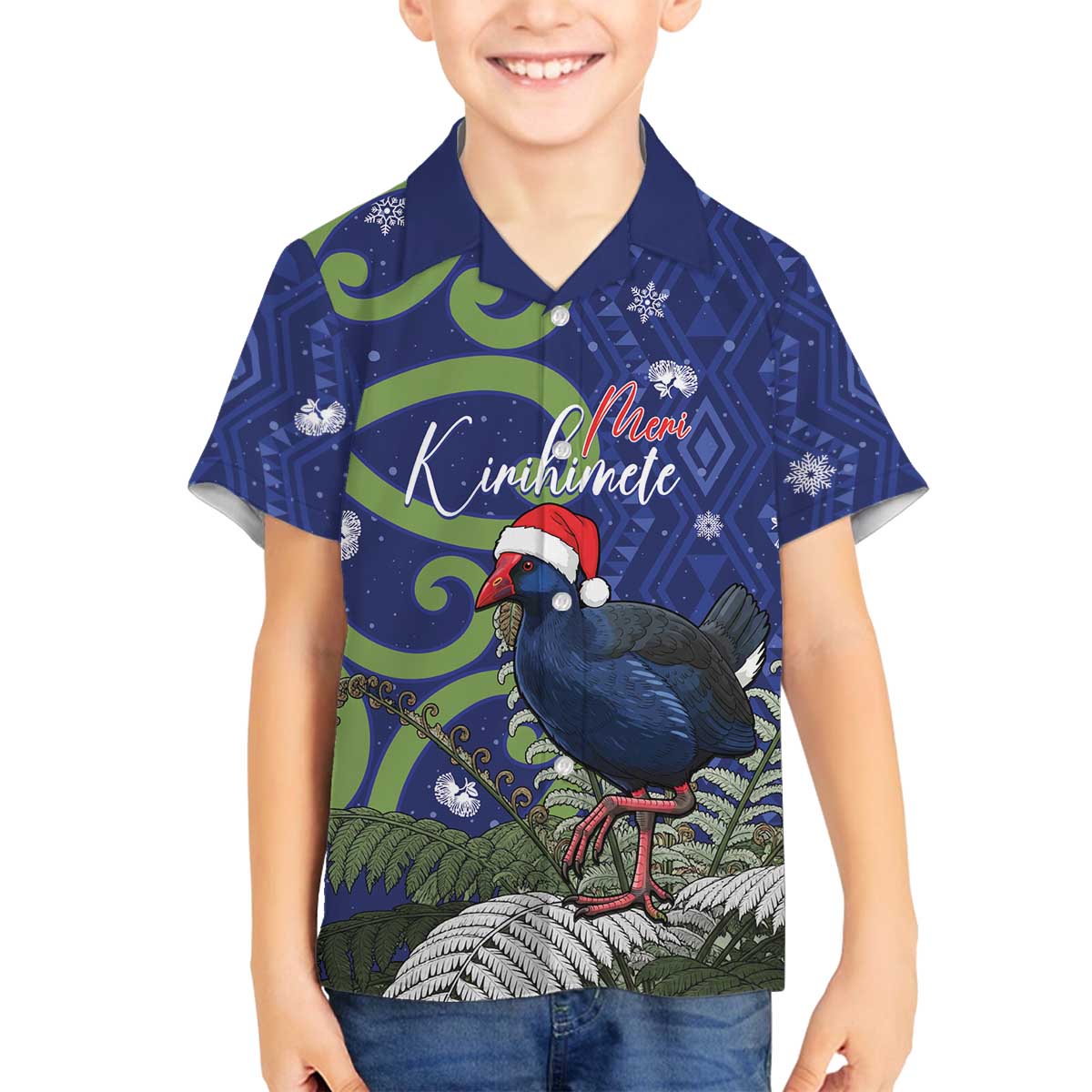 Personalized New Zealand Pukeko Christmas Family Matching Off The Shoulder Long Sleeve Dress and Hawaiian Shirt Meri Kirihimete Taniko Ponga Koru Blue LT14 Son's Shirt Blue - Polynesian Pride