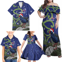 Personalized New Zealand Pukeko Christmas Family Matching Off Shoulder Maxi Dress and Hawaiian Shirt Meri Kirihimete Taniko Ponga Koru Blue LT14 - Polynesian Pride