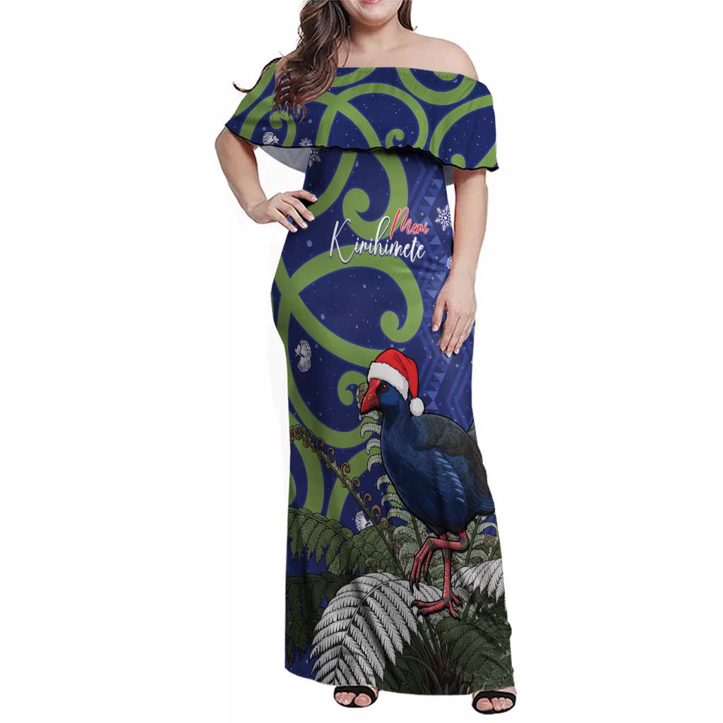 Personalized New Zealand Pukeko Christmas Family Matching Off Shoulder Maxi Dress and Hawaiian Shirt Meri Kirihimete Taniko Ponga Koru Blue LT14 Mom's Dress Blue - Polynesian Pride