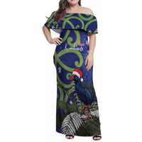 Personalized New Zealand Pukeko Christmas Family Matching Off Shoulder Maxi Dress and Hawaiian Shirt Meri Kirihimete Taniko Ponga Koru Blue LT14 Mom's Dress Blue - Polynesian Pride