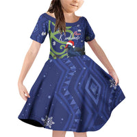 Personalized New Zealand Pukeko Christmas Family Matching Off Shoulder Short Dress and Hawaiian Shirt Meri Kirihimete Taniko Ponga Koru Blue LT14 Daughter's Dress Blue - Polynesian Pride
