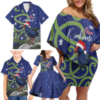 Personalized New Zealand Pukeko Christmas Family Matching Off Shoulder Short Dress and Hawaiian Shirt Meri Kirihimete Taniko Ponga Koru Blue LT14 - Polynesian Pride