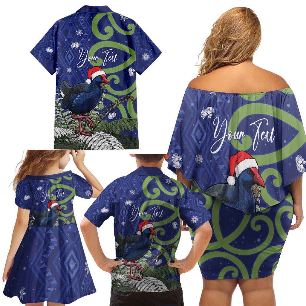 Personalized New Zealand Pukeko Christmas Family Matching Off Shoulder Short Dress and Hawaiian Shirt Meri Kirihimete Taniko Ponga Koru Blue LT14 - Polynesian Pride