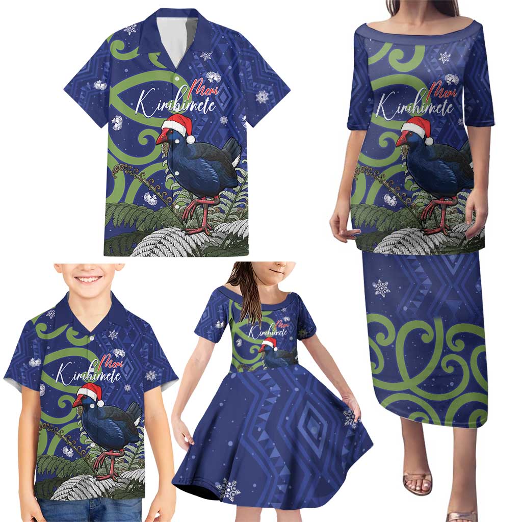 Personalized New Zealand Pukeko Christmas Family Matching Puletasi and Hawaiian Shirt Meri Kirihimete Taniko Ponga Koru Blue LT14 - Polynesian Pride