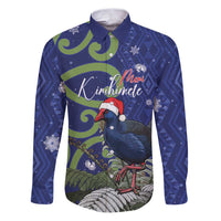 Personalized New Zealand Pukeko Christmas Family Matching Puletasi and Hawaiian Shirt Meri Kirihimete Taniko Ponga Koru Blue LT14 Dad's Shirt - Long Sleeve Blue - Polynesian Pride