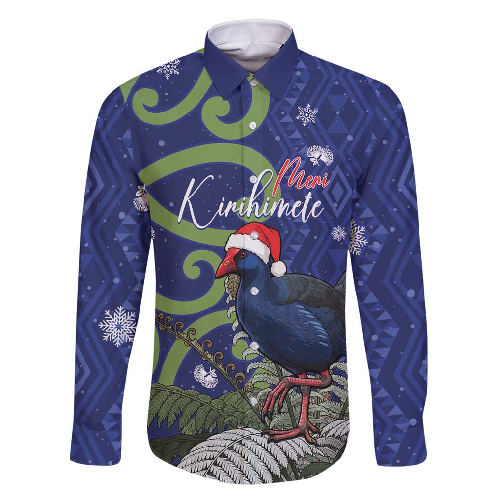 Personalized New Zealand Pukeko Christmas Family Matching Tank Maxi Dress and Hawaiian Shirt Meri Kirihimete Taniko Ponga Koru Blue LT14 Dad's Shirt - Long Sleeve Blue - Polynesian Pride