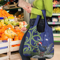 Personalized New Zealand Pukeko Christmas Grocery Bag Meri Kirihimete Taniko Ponga Koru Blue - Polynesian Pride