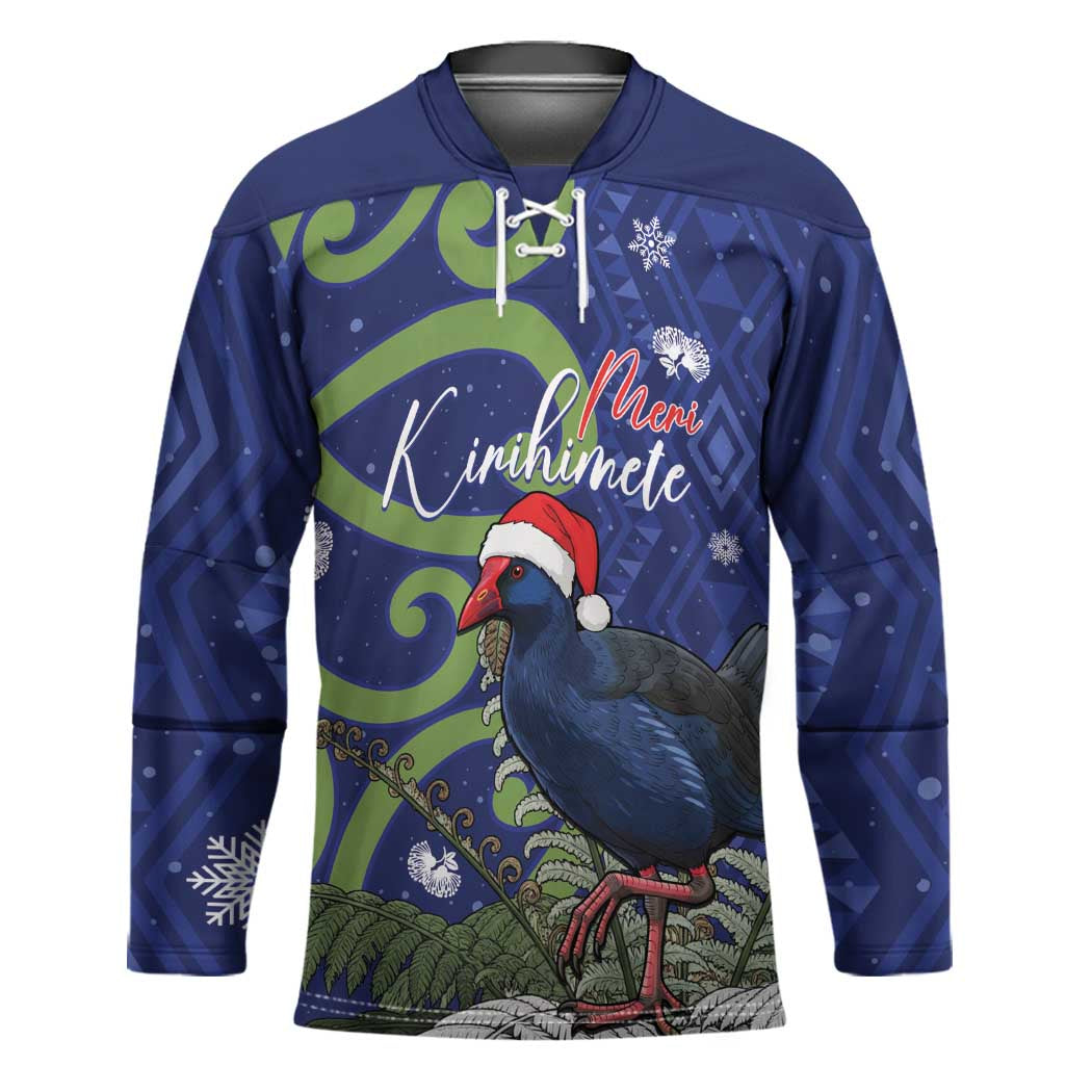 Personalized New Zealand Pukeko Christmas Hockey Jersey Meri Kirihimete Taniko Ponga Koru Blue - Polynesian Pride