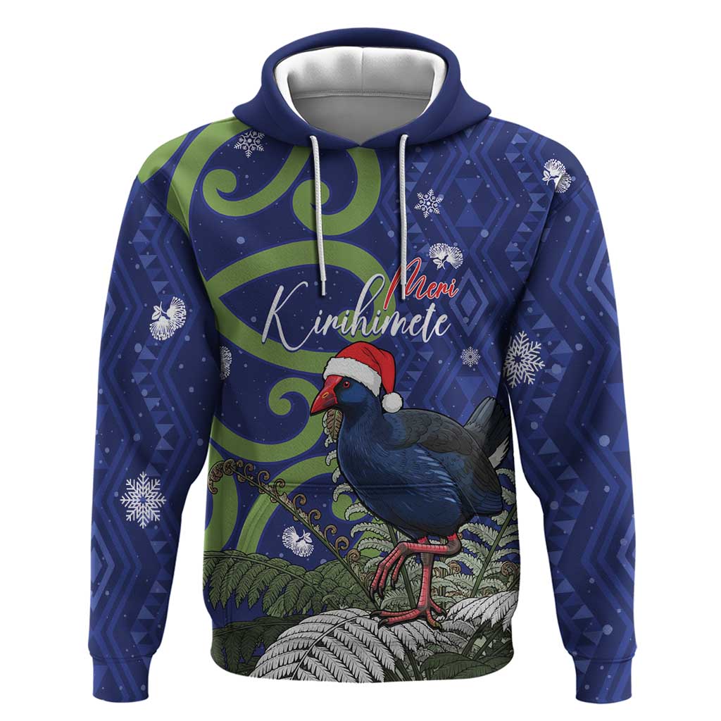 Personalized New Zealand Pukeko Christmas Hoodie Meri Kirihimete Taniko Ponga Koru Blue LT14 Pullover Hoodie Blue - Polynesian Pride