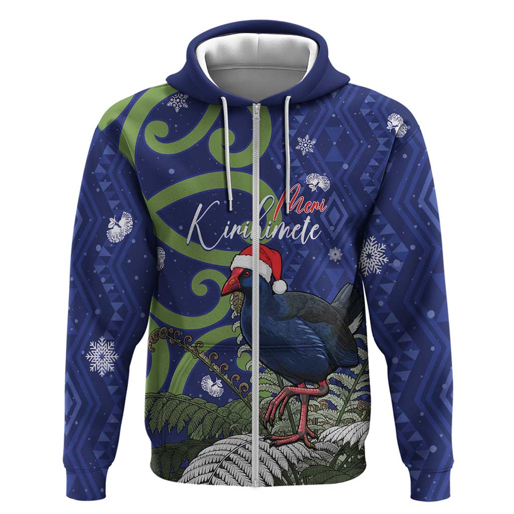 Personalized New Zealand Pukeko Christmas Hoodie Meri Kirihimete Taniko Ponga Koru Blue LT14 Zip Hoodie Blue - Polynesian Pride