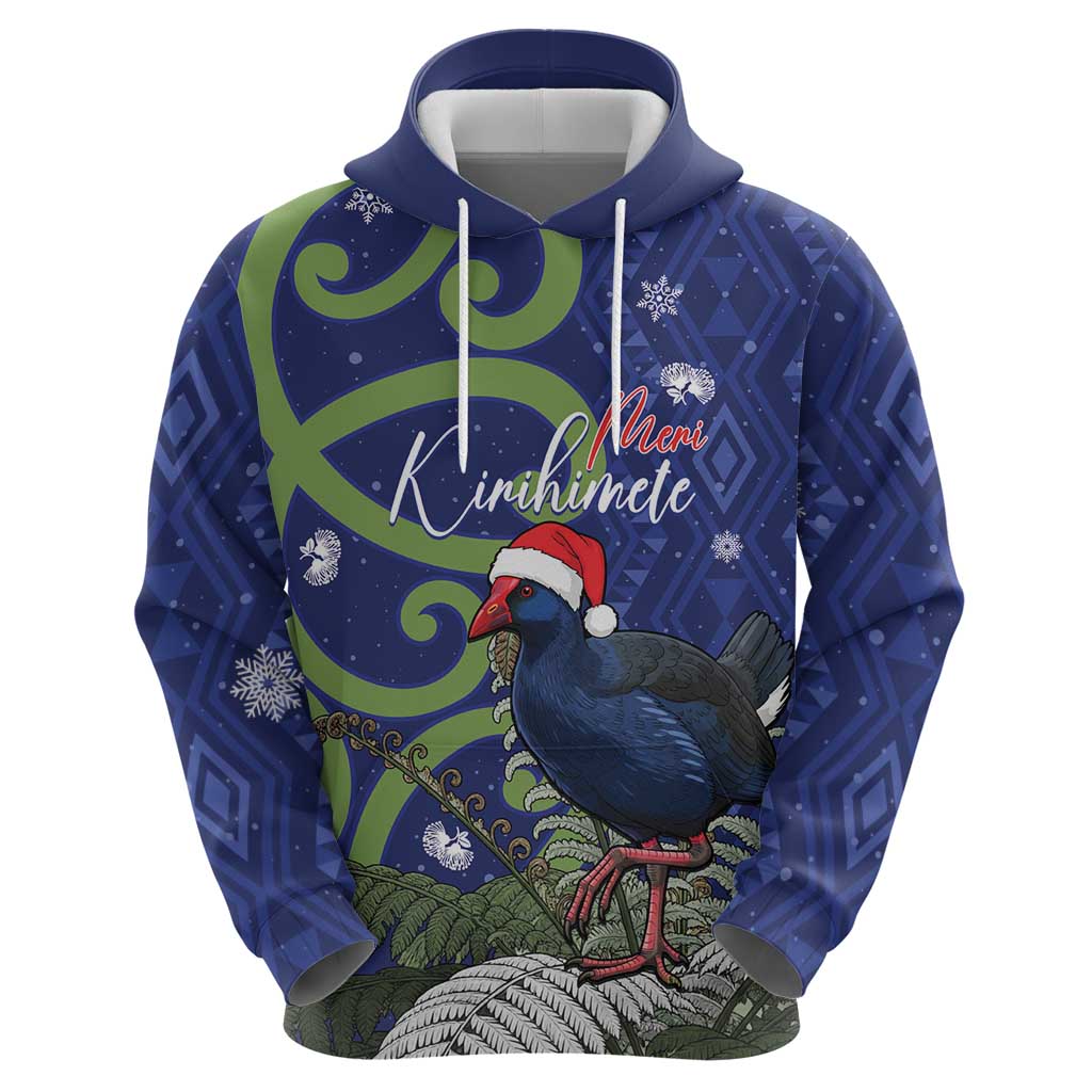 Personalized New Zealand Pukeko Christmas Hoodie Meri Kirihimete Taniko Ponga Koru Blue LT14 - Polynesian Pride