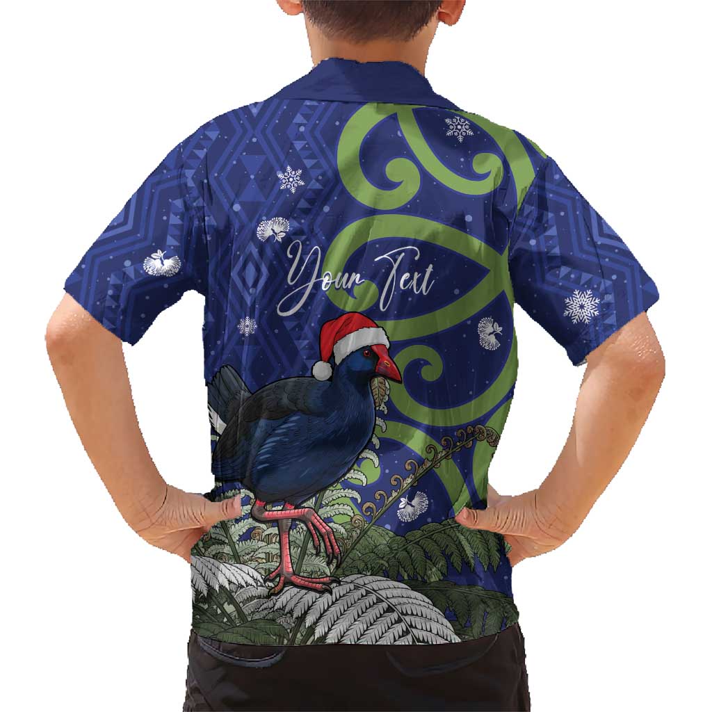Personalized New Zealand Pukeko Christmas Kid Hawaiian Shirt Meri Kirihimete Taniko Ponga Koru Blue LT14 - Polynesian Pride