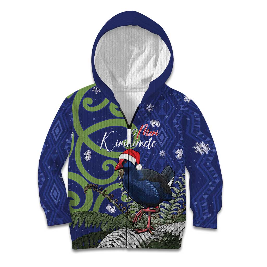 Personalized New Zealand Pukeko Christmas Kid Hoodie Meri Kirihimete Taniko Ponga Koru Blue LT14 Zip Hoodie Blue - Polynesian Pride