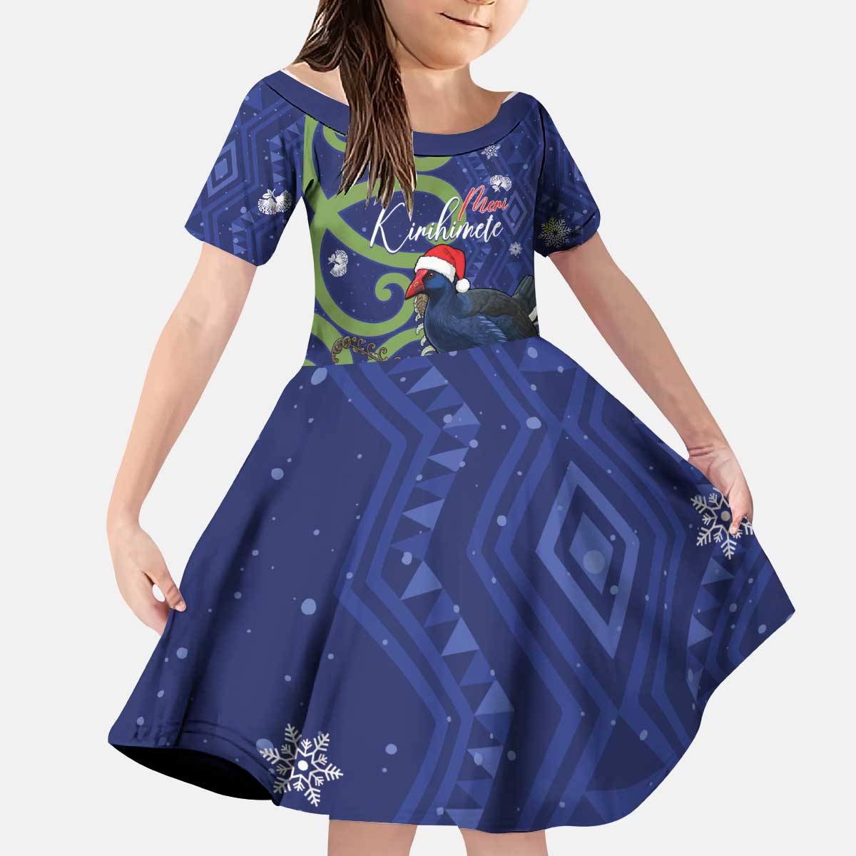 Personalized New Zealand Pukeko Christmas Kid Short Sleeve Dress Meri Kirihimete Taniko Ponga Koru Blue LT14 KID Blue - Polynesian Pride
