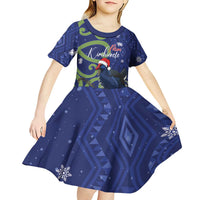 Personalized New Zealand Pukeko Christmas Kid Short Sleeve Dress Meri Kirihimete Taniko Ponga Koru Blue LT14 - Polynesian Pride