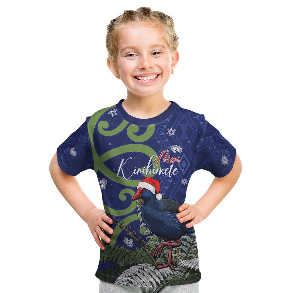 Personalized New Zealand Pukeko Christmas Kid T Shirt Meri Kirihimete Taniko Ponga Koru Blue LT14 Blue - Polynesian Pride
