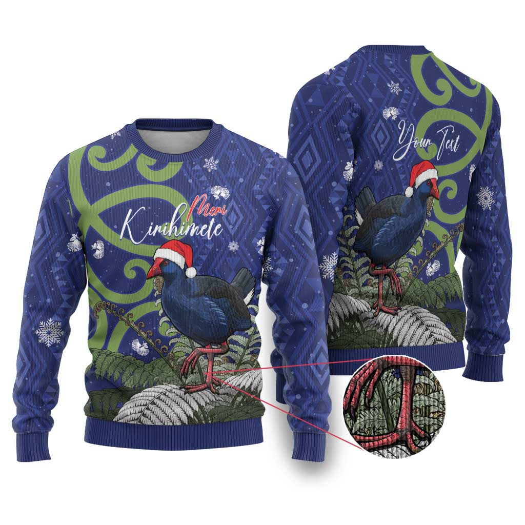Personalized New Zealand Pukeko Christmas Ugly Christmas Sweater Meri Kirihimete Taniko Ponga Koru Blue - Polynesian Pride