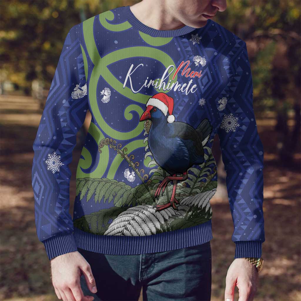 Personalized New Zealand Pukeko Christmas Ugly Christmas Sweater Meri Kirihimete Taniko Ponga Koru Blue - Polynesian Pride