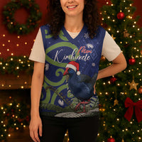 Personalized New Zealand Pukeko Christmas Knitted V-Neck Vest Meri Kirihimete Taniko Ponga Koru Blue LT14 - Polynesian Pride
