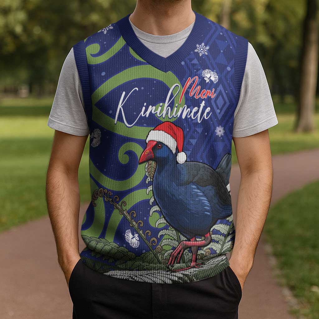 Personalized New Zealand Pukeko Christmas Knitted V-Neck Vest Meri Kirihimete Taniko Ponga Koru Blue LT14 - Polynesian Pride