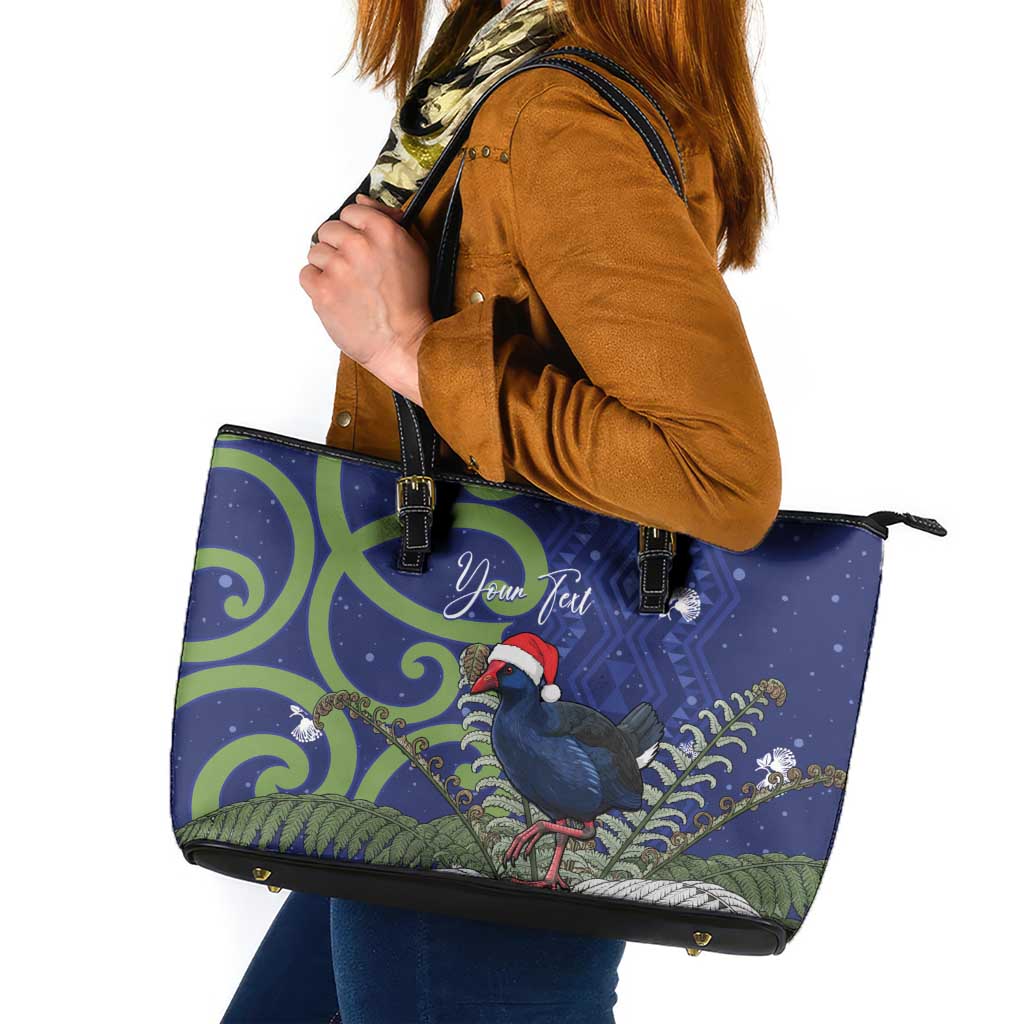 Personalized New Zealand Pukeko Christmas Leather Tote Bag Meri Kirihimete Taniko Ponga Koru Blue - Polynesian Pride