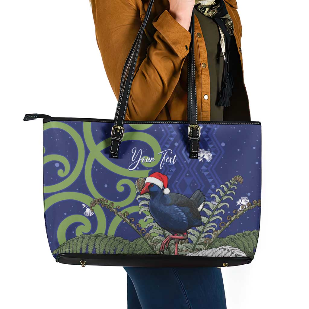 Personalized New Zealand Pukeko Christmas Leather Tote Bag Meri Kirihimete Taniko Ponga Koru Blue - Polynesian Pride