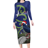 Personalized New Zealand Pukeko Christmas Long Sleeve Bodycon Dress Meri Kirihimete Taniko Ponga Koru Blue LT14 Long Dress Blue - Polynesian Pride