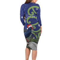 Personalized New Zealand Pukeko Christmas Long Sleeve Bodycon Dress Meri Kirihimete Taniko Ponga Koru Blue LT14 - Polynesian Pride