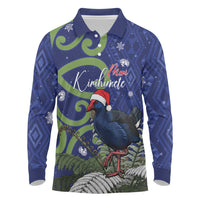 Personalized New Zealand Pukeko Christmas Long Sleeve Polo Shirt Meri Kirihimete Taniko Ponga Koru Blue LT14 Blue - Polynesian Pride