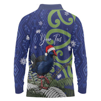 Personalized New Zealand Pukeko Christmas Long Sleeve Polo Shirt Meri Kirihimete Taniko Ponga Koru Blue LT14 - Polynesian Pride