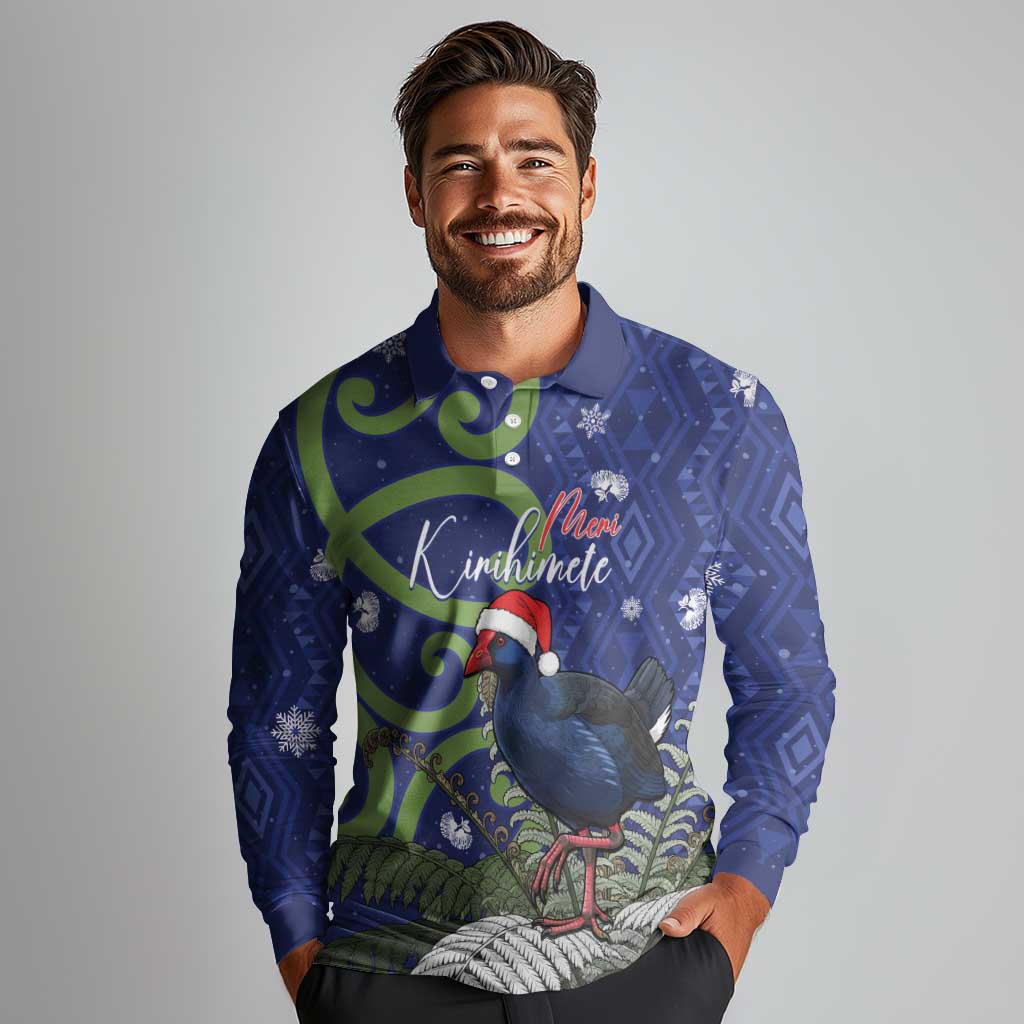 Personalized New Zealand Pukeko Christmas Long Sleeve Polo Shirt Meri Kirihimete Taniko Ponga Koru Blue LT14 - Polynesian Pride