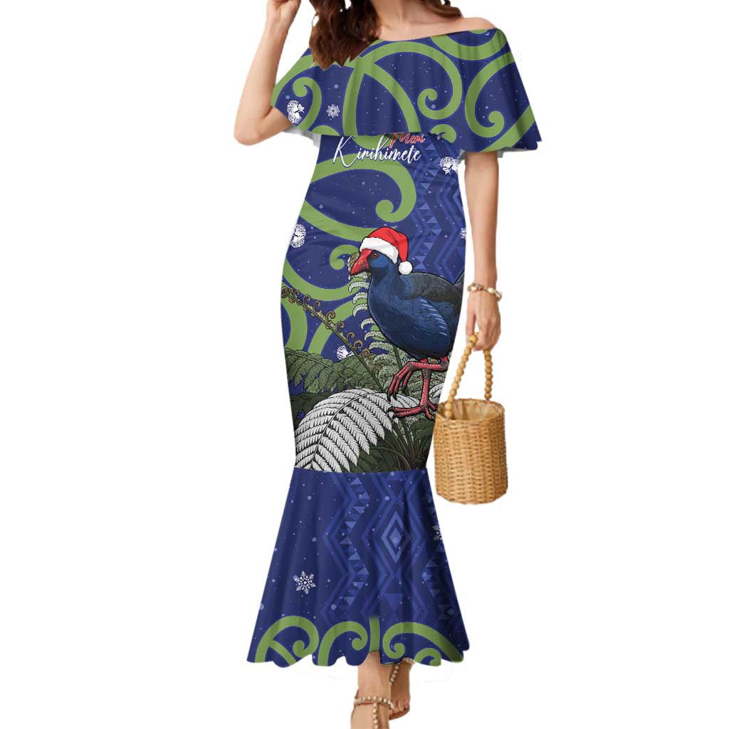 Personalized New Zealand Pukeko Christmas Mermaid Dress Meri Kirihimete Taniko Ponga Koru Blue LT14 Women Blue - Polynesian Pride