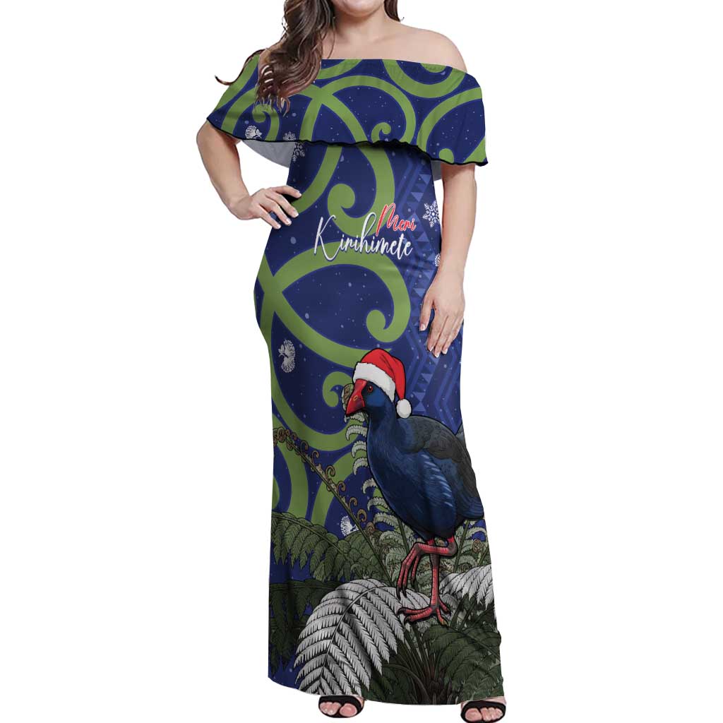 Personalized New Zealand Pukeko Christmas Off Shoulder Maxi Dress Meri Kirihimete Taniko Ponga Koru Blue LT14 Women Blue - Polynesian Pride
