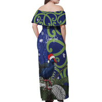 Personalized New Zealand Pukeko Christmas Off Shoulder Maxi Dress Meri Kirihimete Taniko Ponga Koru Blue LT14 - Polynesian Pride