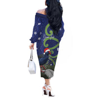 Personalized New Zealand Pukeko Christmas Off The Shoulder Long Sleeve Dress Meri Kirihimete Taniko Ponga Koru Blue LT14 - Polynesian Pride