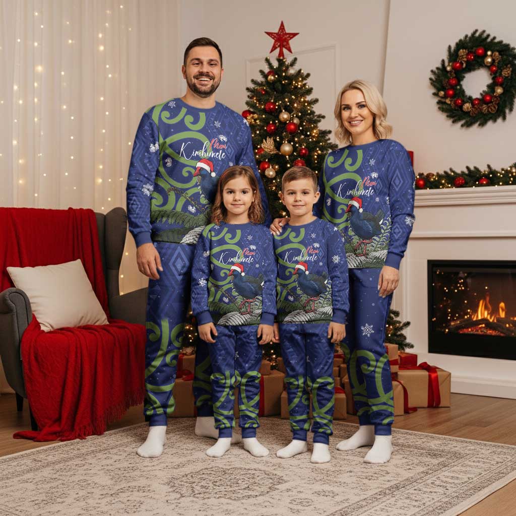 Personalized New Zealand Pukeko Christmas Pajama Set Meri Kirihimete Taniko Ponga Koru Blue - Polynesian Pride