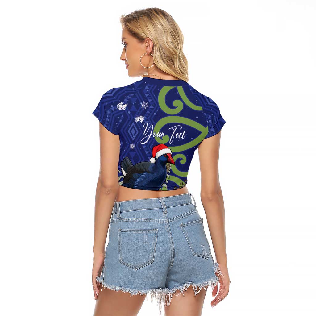 Personalized New Zealand Pukeko Christmas Raglan Cropped T Shirt Meri Kirihimete Taniko Ponga Koru Blue LT14 - Polynesian Pride