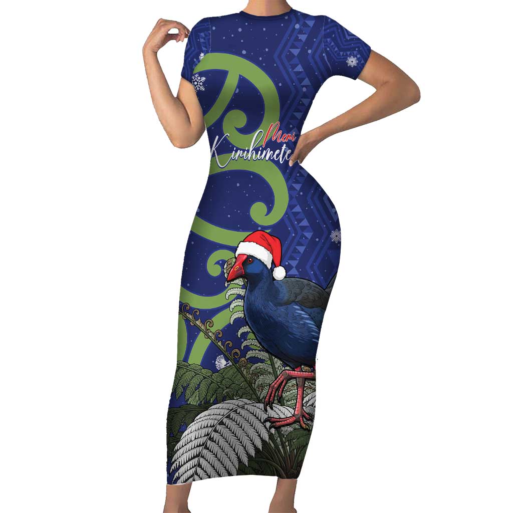 Personalized New Zealand Pukeko Christmas Short Sleeve Bodycon Dress Meri Kirihimete Taniko Ponga Koru Blue LT14 Long Dress Blue - Polynesian Pride