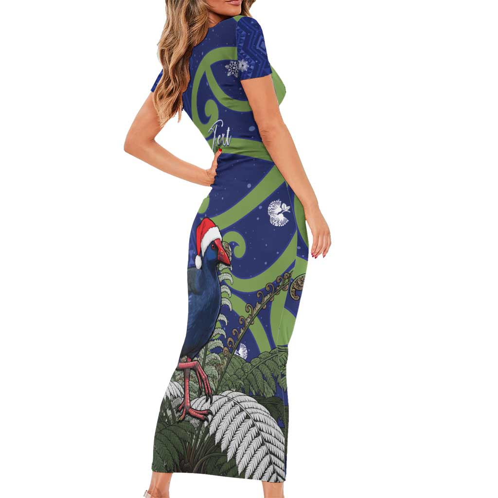 Personalized New Zealand Pukeko Christmas Short Sleeve Bodycon Dress Meri Kirihimete Taniko Ponga Koru Blue LT14 - Polynesian Pride