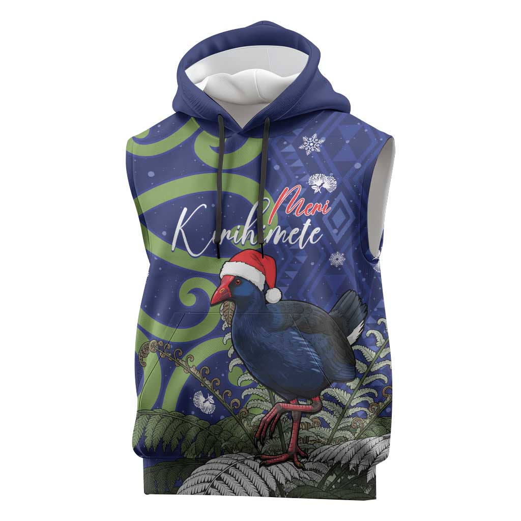 Personalized New Zealand Pukeko Christmas Sleeveless Hoodie Meri Kirihimete Taniko Ponga Koru Blue LT14 Blue - Polynesian Pride