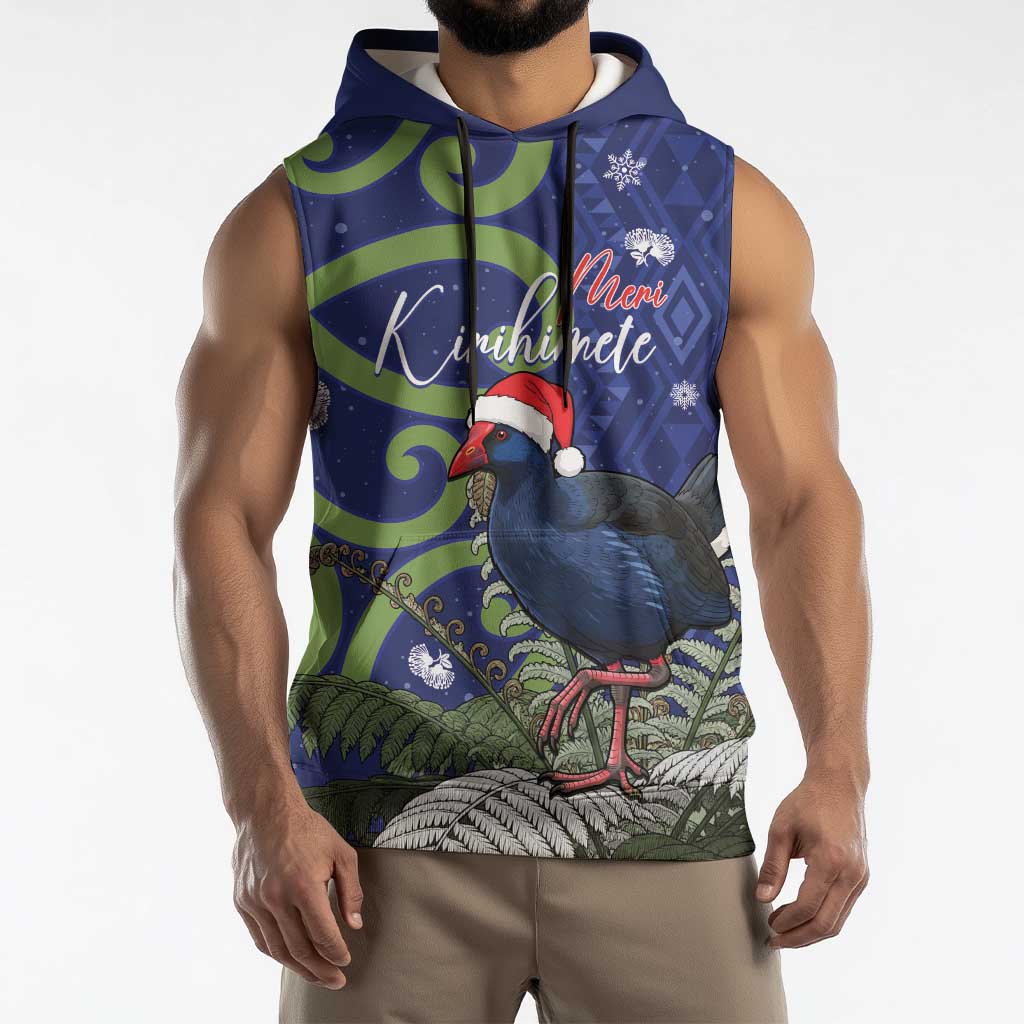 Personalized New Zealand Pukeko Christmas Sleeveless Hoodie Meri Kirihimete Taniko Ponga Koru Blue LT14 - Polynesian Pride