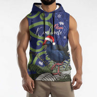 Personalized New Zealand Pukeko Christmas Sleeveless Hoodie Meri Kirihimete Taniko Ponga Koru Blue LT14 - Polynesian Pride