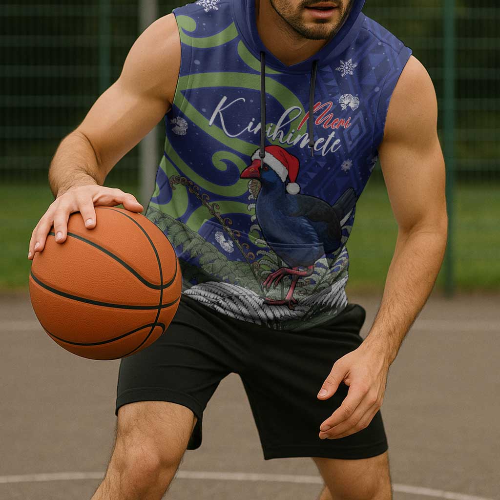 Personalized New Zealand Pukeko Christmas Sleeveless Hoodie Meri Kirihimete Taniko Ponga Koru Blue LT14 - Polynesian Pride
