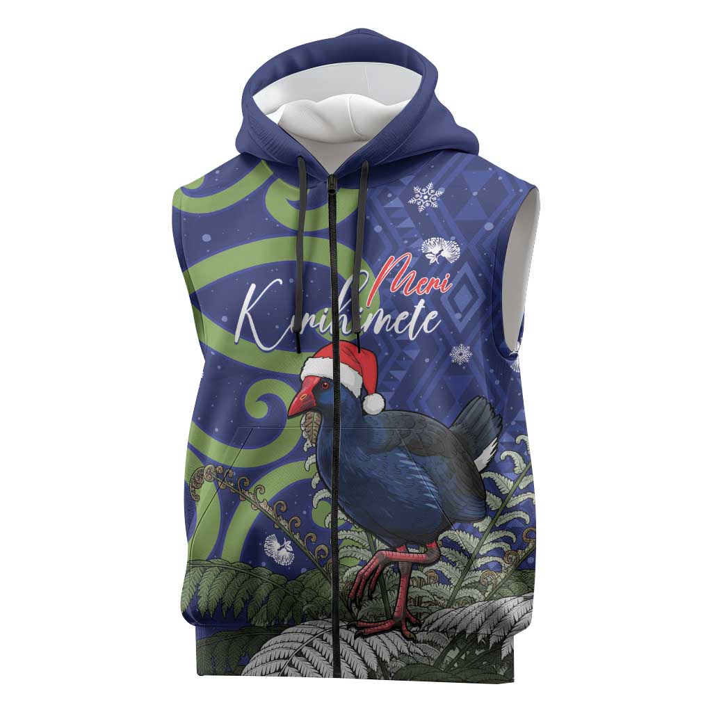 Personalized New Zealand Pukeko Christmas Sleeveless Zip Hoodie Meri Kirihimete Taniko Ponga Koru Blue LT14 Blue - Polynesian Pride