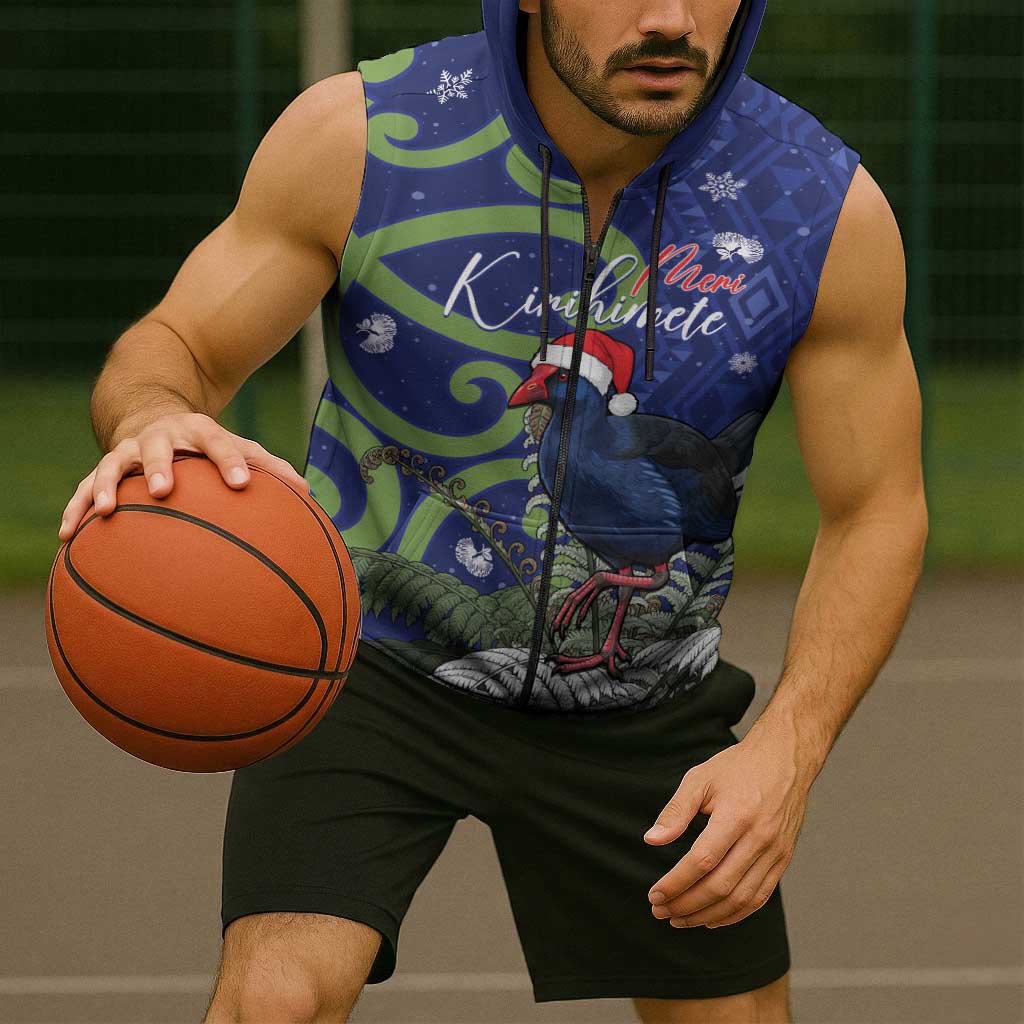 Personalized New Zealand Pukeko Christmas Sleeveless Zip Hoodie Meri Kirihimete Taniko Ponga Koru Blue LT14 - Polynesian Pride