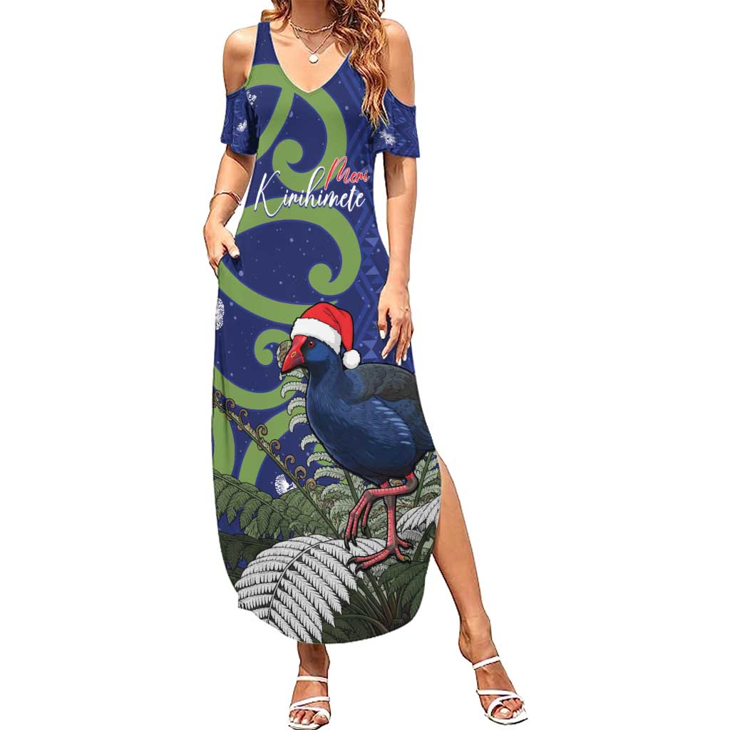 Personalized New Zealand Pukeko Christmas Summer Maxi Dress Meri Kirihimete Taniko Ponga Koru Blue LT14 Women Blue - Polynesian Pride