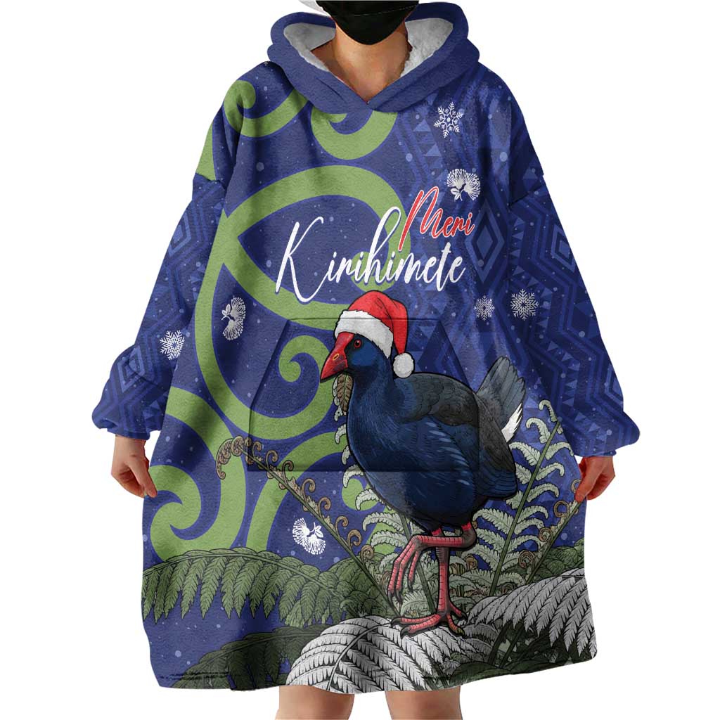 Personalized New Zealand Pukeko Christmas Wearable Blanket Hoodie Meri Kirihimete Taniko Ponga Koru Blue LT14 - Polynesian Pride