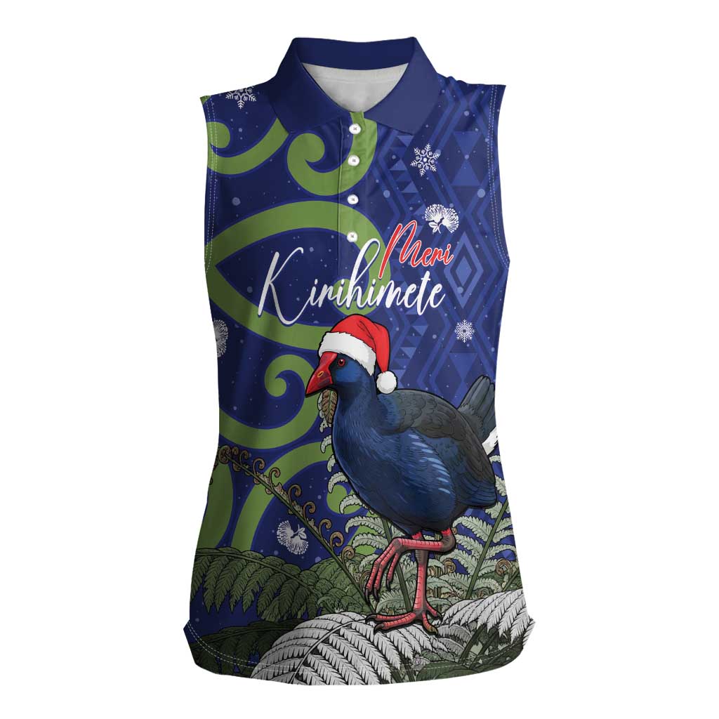 Personalized New Zealand Pukeko Christmas Women Sleeveless Polo Shirt Meri Kirihimete Taniko Ponga Koru Blue LT14 Female Blue - Polynesian Pride