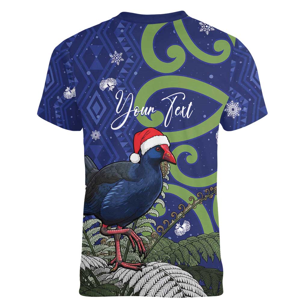 Personalized New Zealand Pukeko Christmas Women V-Neck T-Shirt Meri Kirihimete Taniko Ponga Koru Blue LT14 - Polynesian Pride