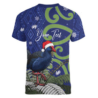 Personalized New Zealand Pukeko Christmas Women V-Neck T-Shirt Meri Kirihimete Taniko Ponga Koru Blue LT14 - Polynesian Pride